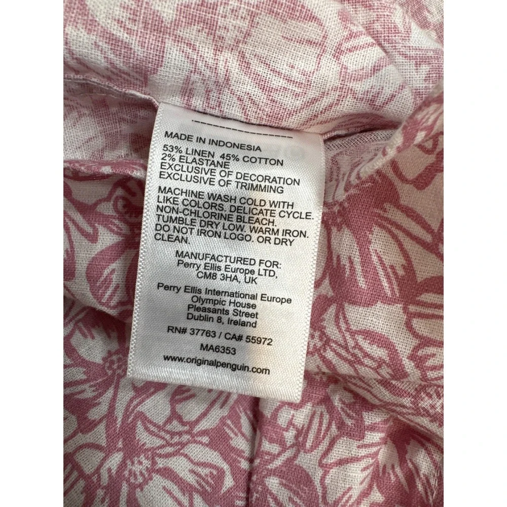 Original Penguin Mens XL Pink‎ Floral Linen Blend Short Sleeve Button Down Shirt